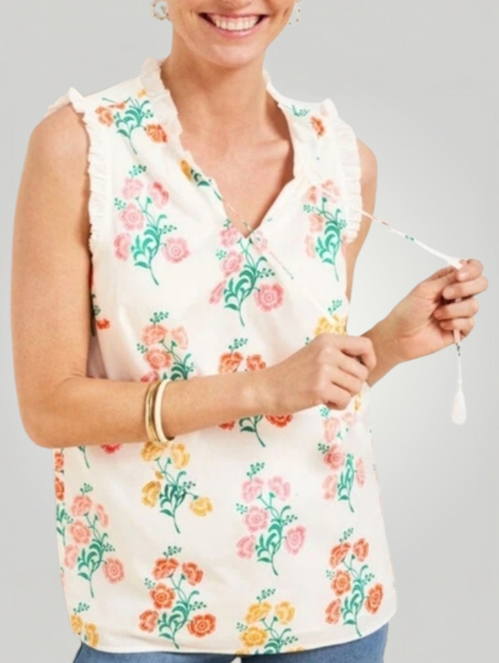 Talbots Petite Large Block Print Floral Tank Top Cottagecore Boho Ruffle‎ Tassel